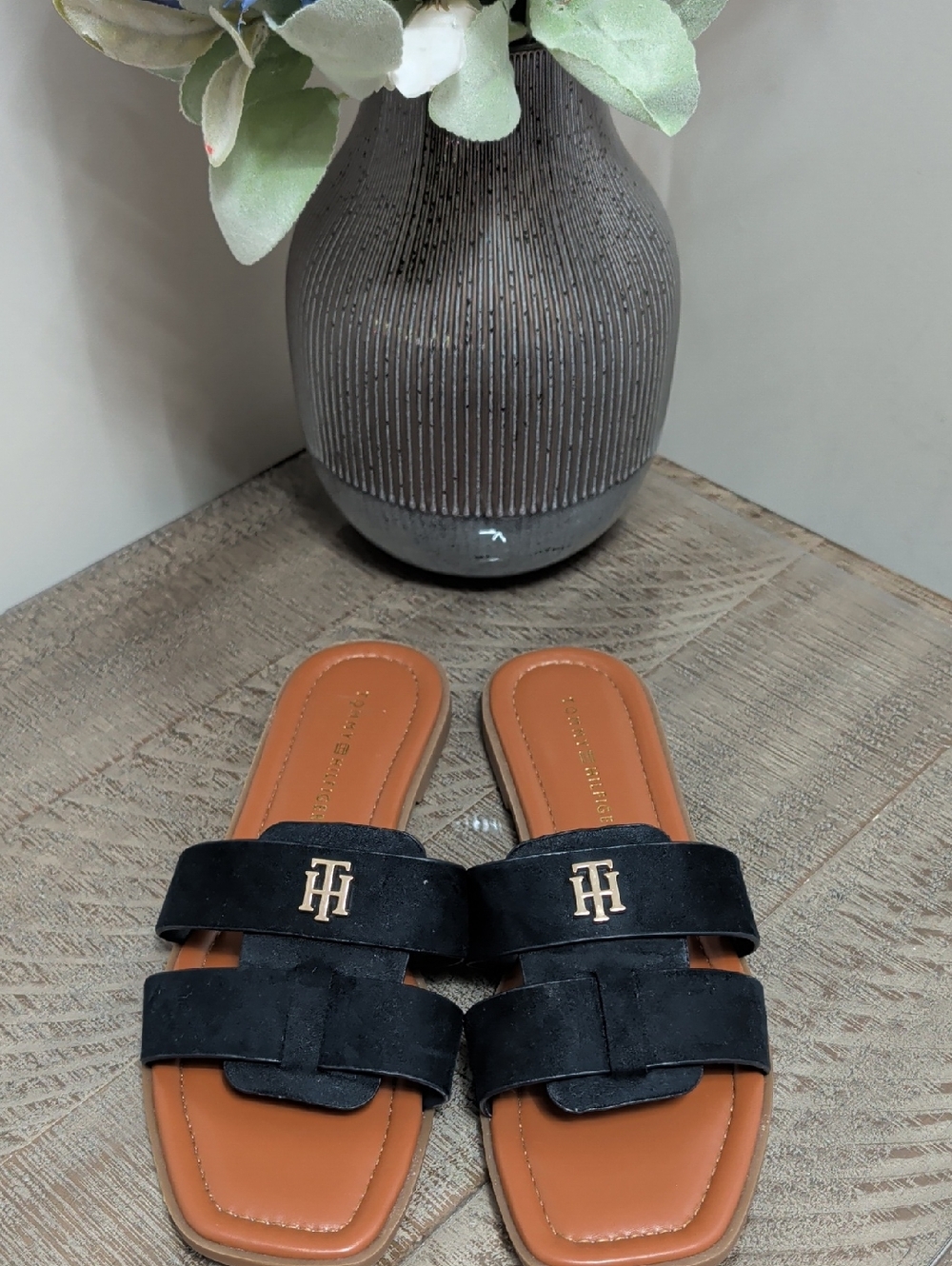 Tommy Hilfiger Pixee Blue Black Suede Double-Strap Slides with Tan Footbed